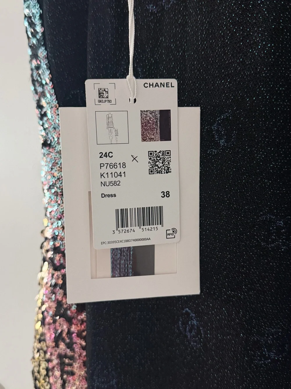 CHANEL Sequin Ombre Strapless Dress in Aqua, Pink & Gold with Black Straps
